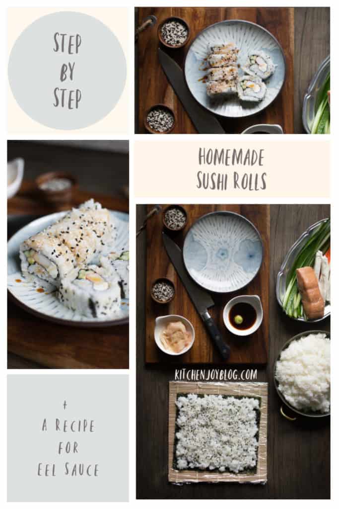 sushi photos collage, sliced sushi, sushi making supplies
