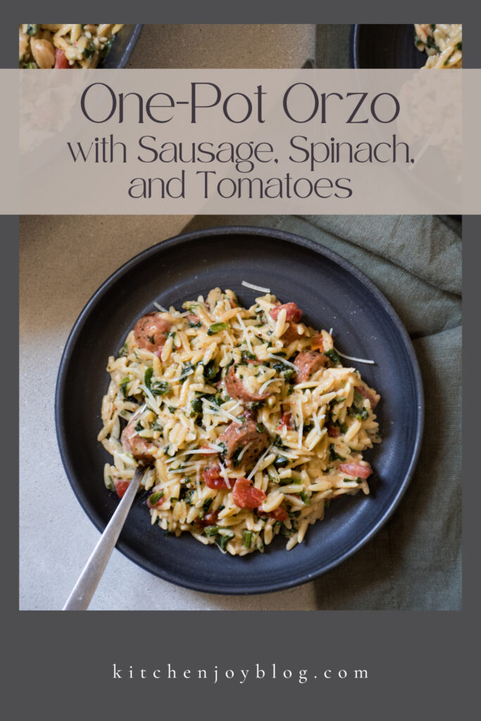 One-pot orzo recipe with Italian sausage, Spinach, and Tomatoes
